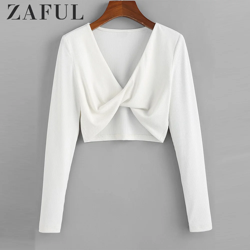 Женская укороченная футболка ZAFUL белая с v образным вырезом и длинным рукавом