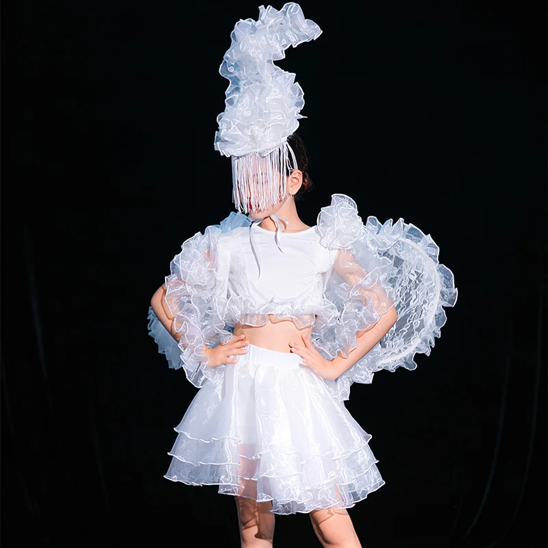 

Детские Модные праздничные Подиумные шоу, кружевные белые костюмы для девочек, джазовая Одежда для танцев, детский день, уличные танцевальн...