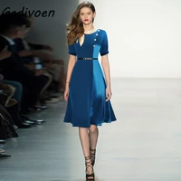 gedivoen 2021 fashion designer summer new party blue dresses womens short sleeve bow belted high waist knee length dress 2xl