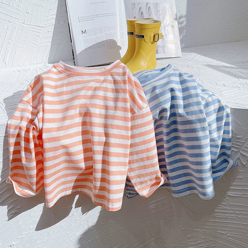 

Toddler Baby Clothes Chic Korean Fashion Children Striped Long Sleeve Basic T Shirts Unisex All-match Loose Oversized Streetwear