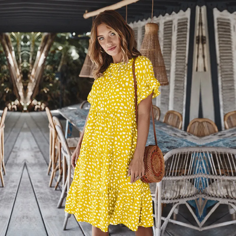 

Summer Women's Short Sleeve Dot Print Dress Butterfly Sleeve 2021 Ladies Ruffles O-neck High Waist Knee-length Dress