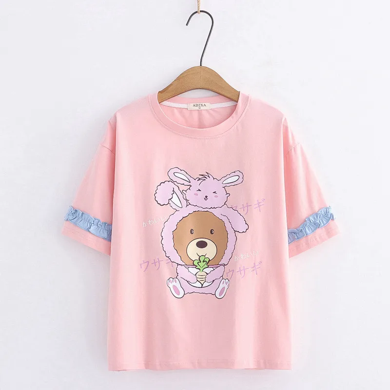 

Japanese Women Cute Lolita Tshirt Summer Kawaii Bear Bunny Print Ruffles Flower Short Sleeve Tops Soft Sister Girl Rabbit Tshirt