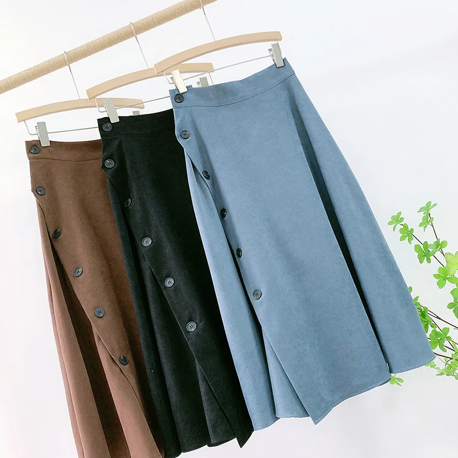 Button Design A-line Skirt High Waist Mid Long Skirt Women 2021 Casual Elegant Office Ladies Work Large Swing Split Maxi Skirt