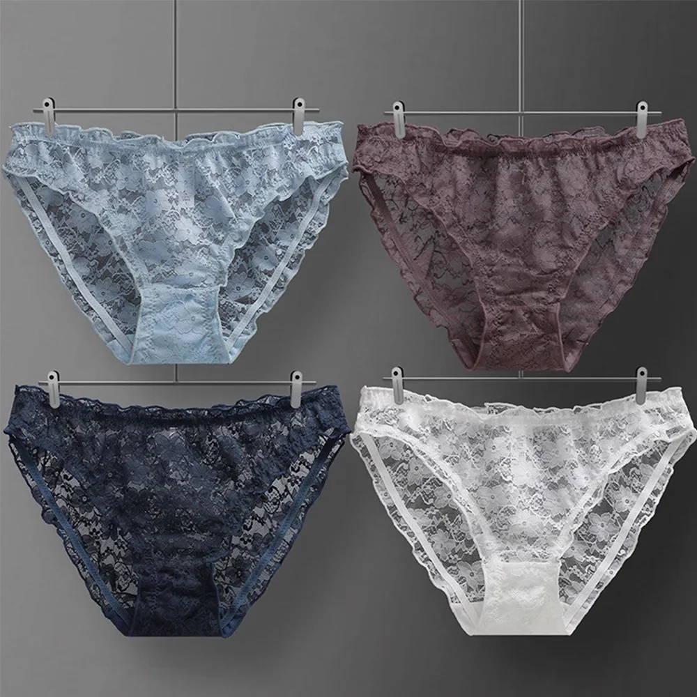 

Sexy Women Briefs Female Mid Waist Panties Retro Lace Transparent Hollow Out Panty Beautiful Flowers Seamless Underpants