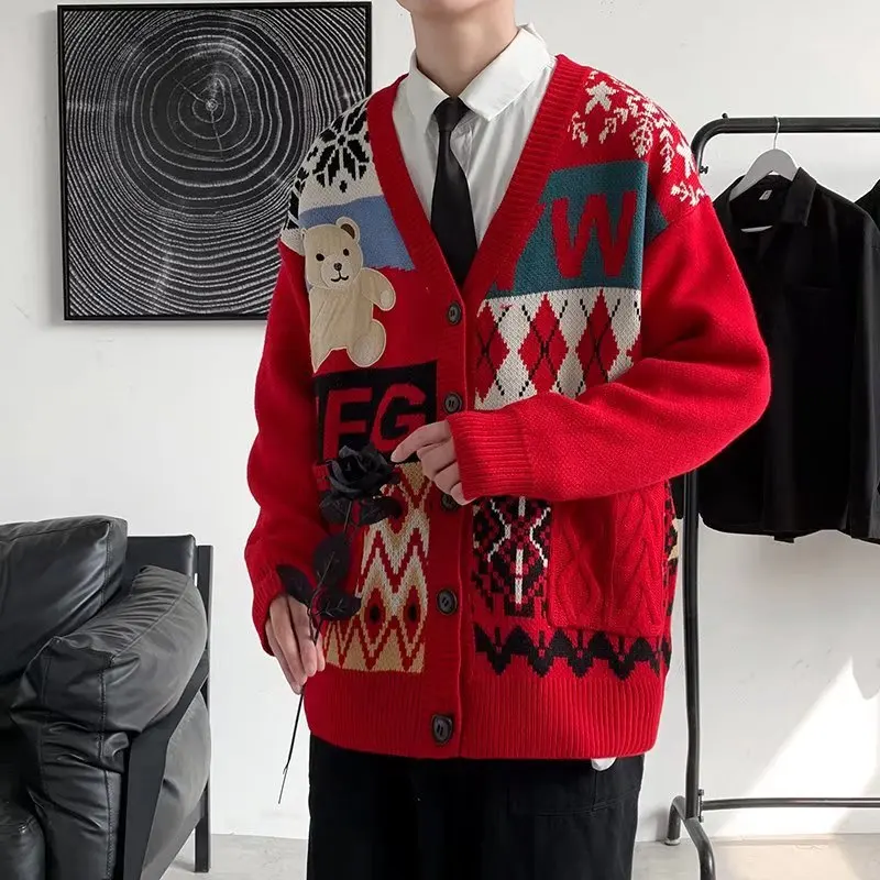

Ugly Christmas Men Cardigans Patchwork Bear Casual Sweater Korean Gengar Clothing Knit Streetwear Coat Oversized Cardigan Unisex