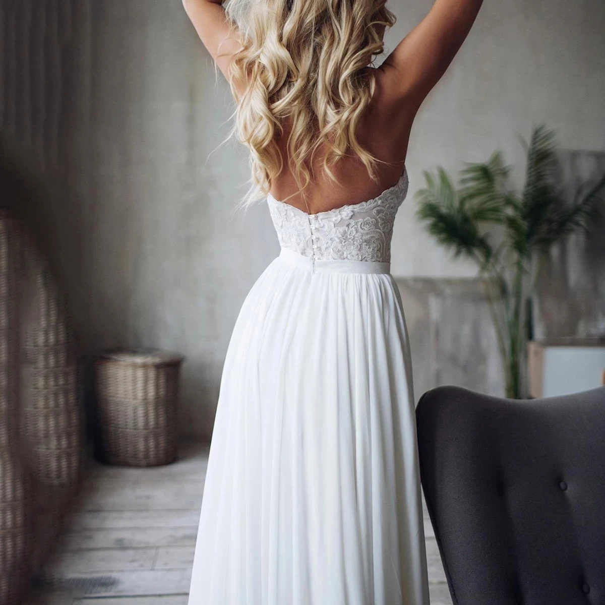 MACDUGAL Temperament Tube Top Sexy Strapless Slit Button Design Chiffon Lace Beach A-line Wedding Bridesmaid Mopping The Floor | Свадьбы и