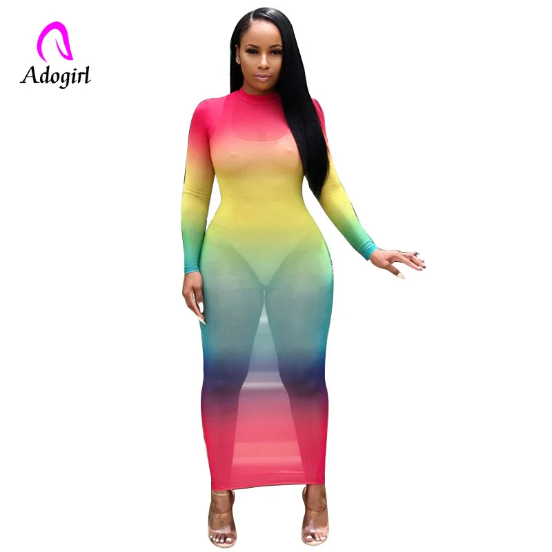 Платье Макси женское Сетчатое с длинным рукавом и высоким воротником|Женские