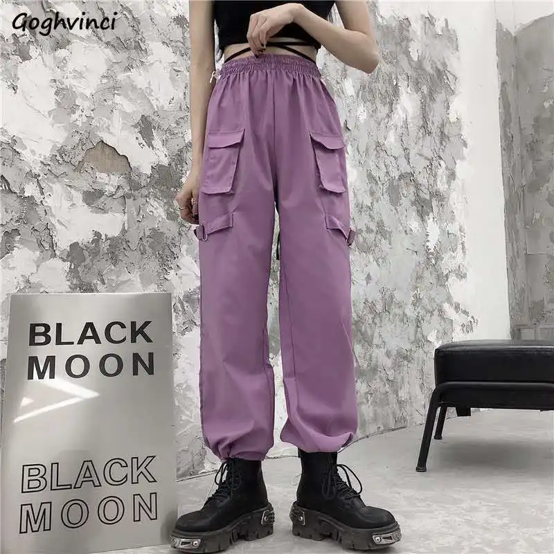 

Women Casual Pants Solid Purple Loose Cargo High Elastic Waist Pockets Button All-match Leisure Korean Style Fashion INS Popular