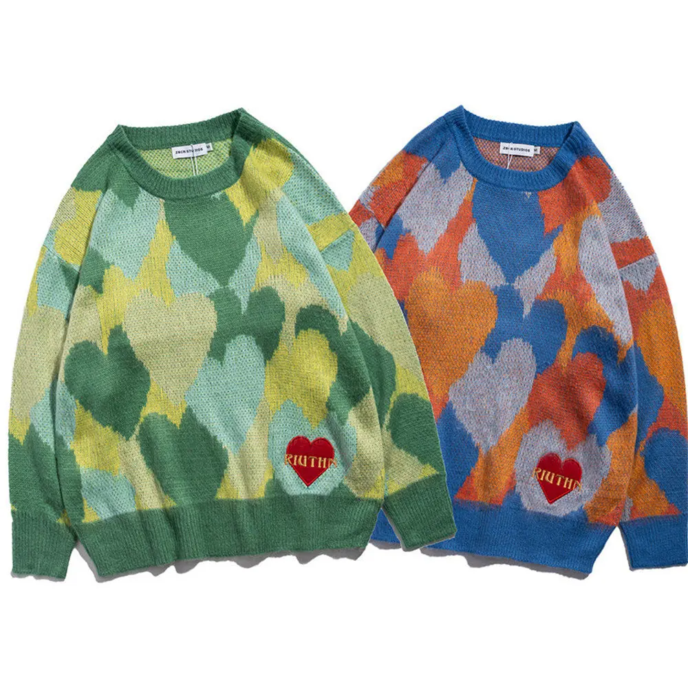 

Свитер трикотажный мужской, с принтом сердец, оверсайз, в стиле Харадзюку, с круглым вырезом, 2021