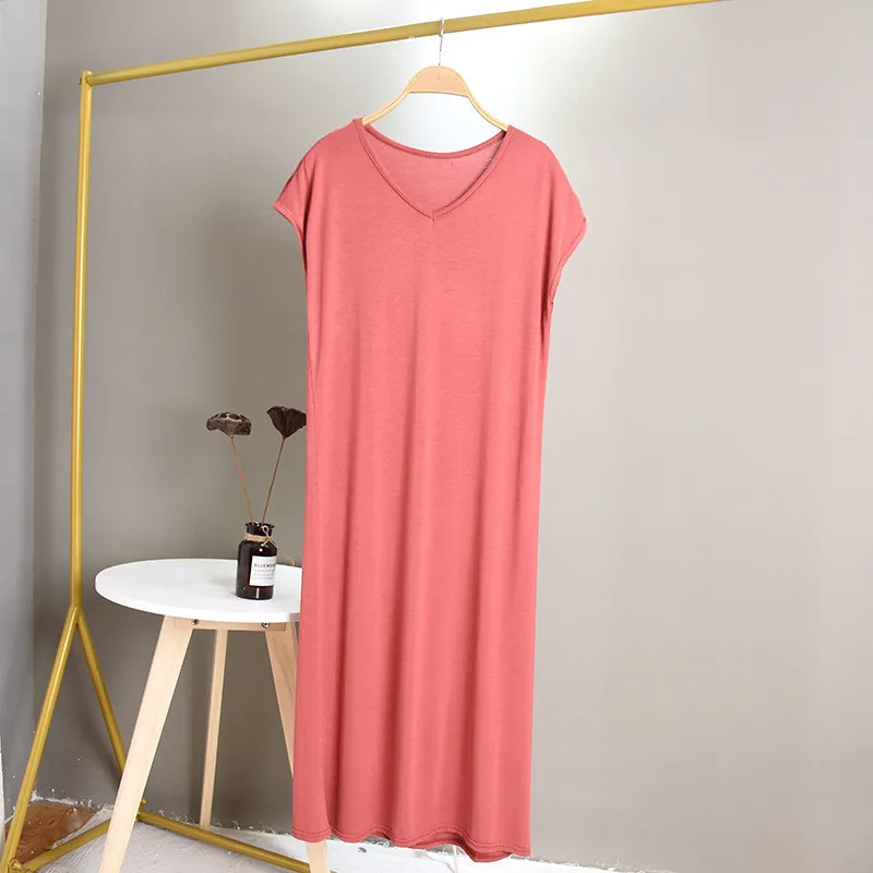 

Sexy Nightgown Modal Night Dress Women V Neck Lounge Shirt Short Sleeve Summer Long Nightdress Loose Sleepwear Vestidos Mujer