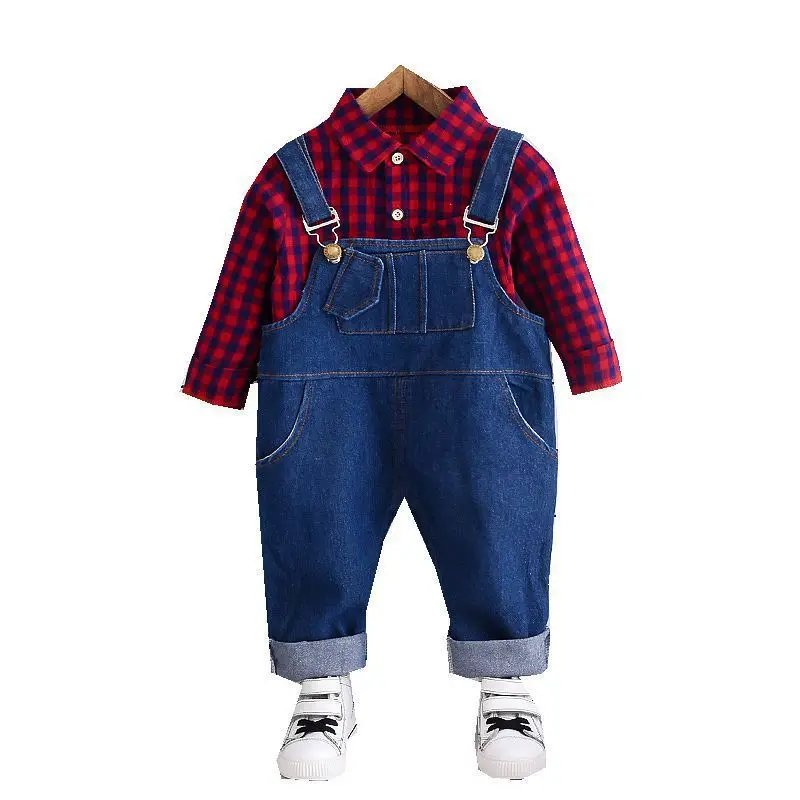 

New Spring Autumn Baby Clothes Suit Children Boys Plaid Cotton Shirt Overalls 2Pcs/Sets Toddler Casual Clothing Kids Tracksuits
