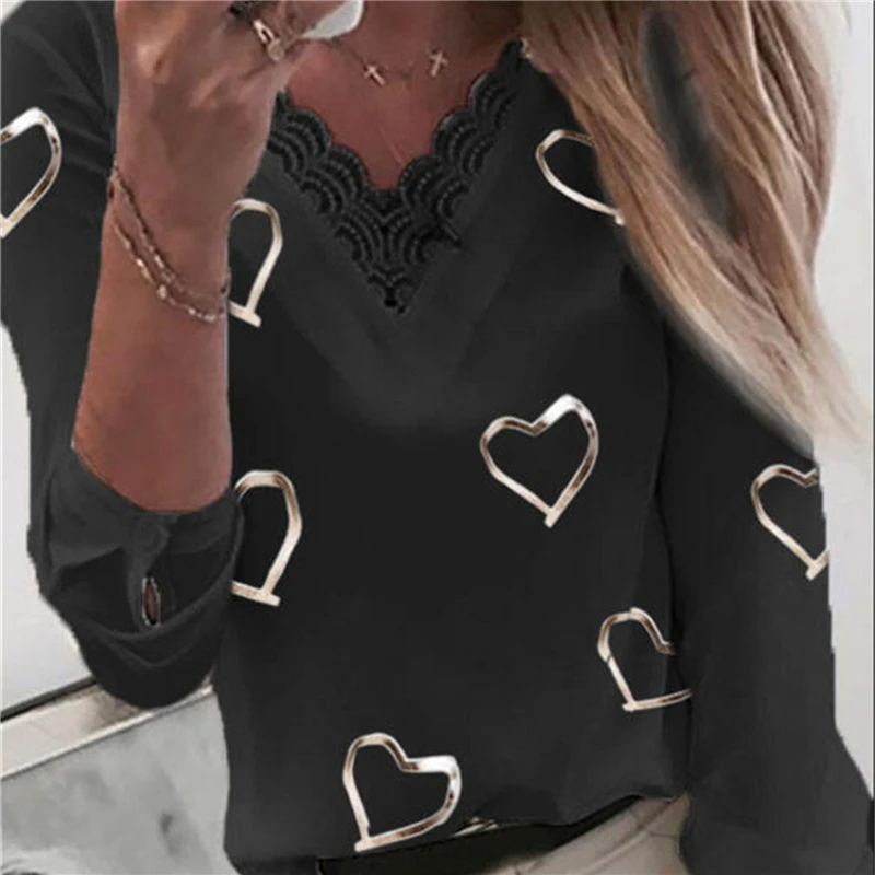 

Fall New Tops Ladies' Long-sleeved Fashion Love Printing Clothes V-neck Lace Patchwork Bottoming Blouses Female Casual Clothing