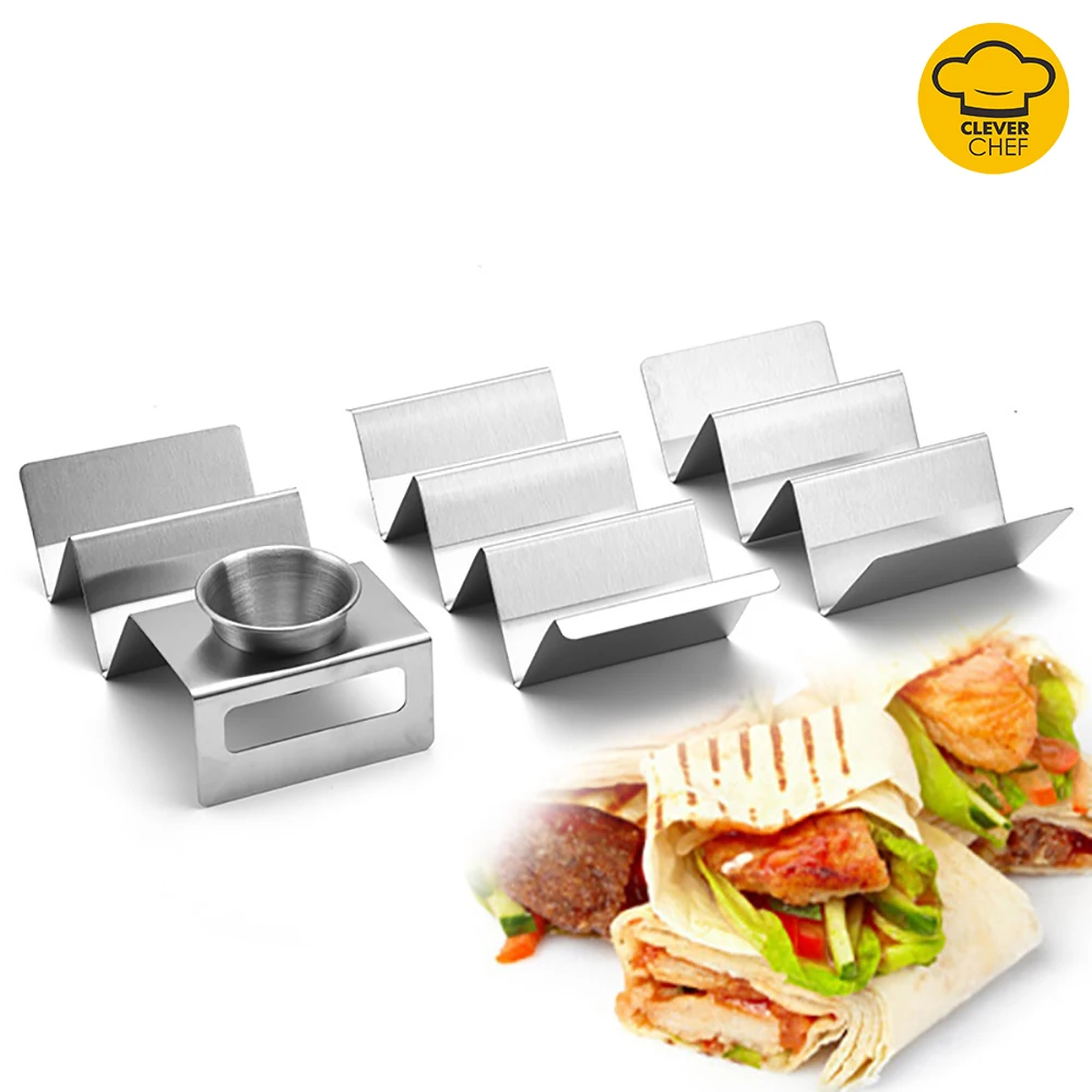 

Taco Holder Stand Stainless Steel 3 Layers Taco Rack with Sause Cup Handle W Shape Pie Tools Kitchen Gadgets 2021