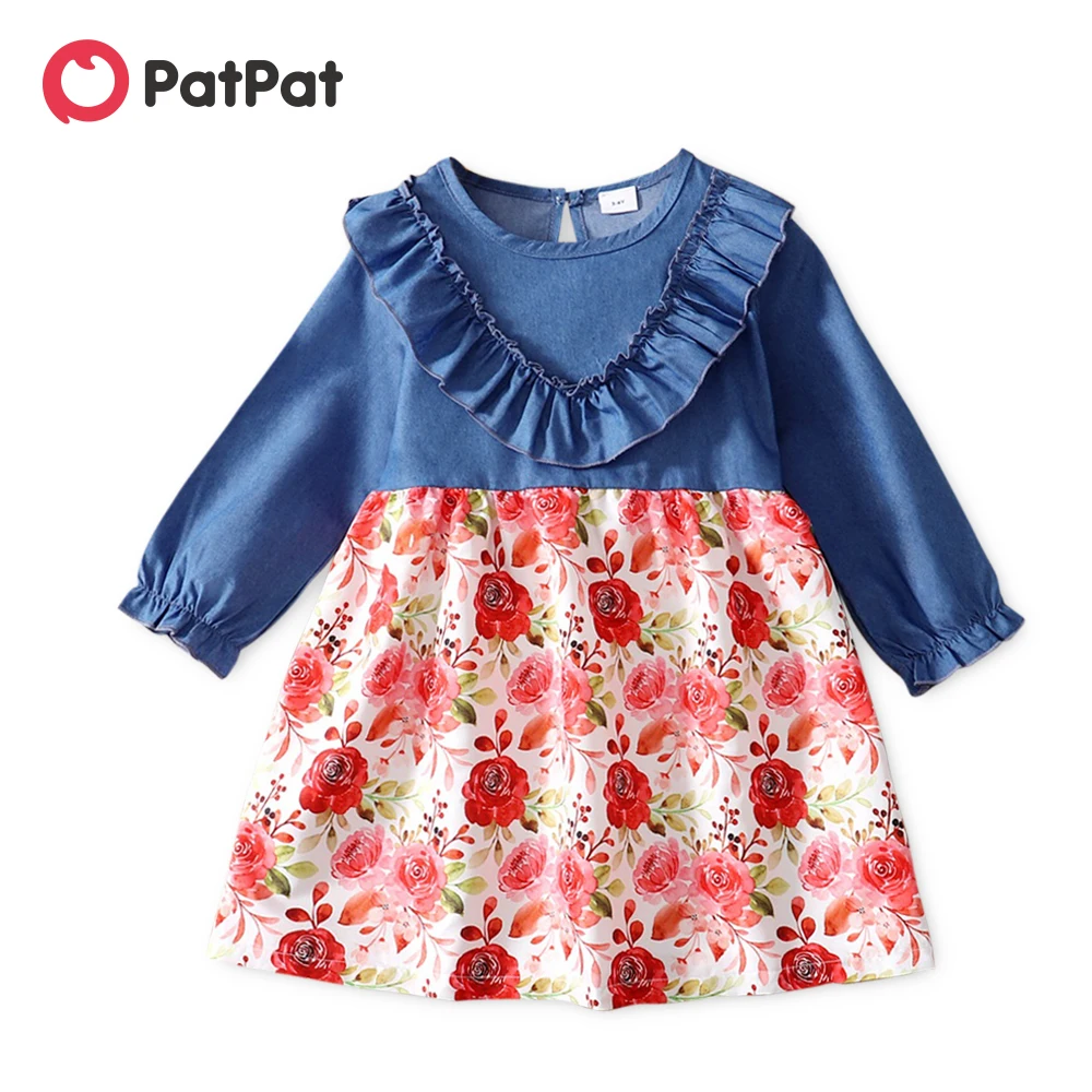 

PatPat Toddler Girl Flounce Ruffle-sleeve Denim Floral Print Splice Dress