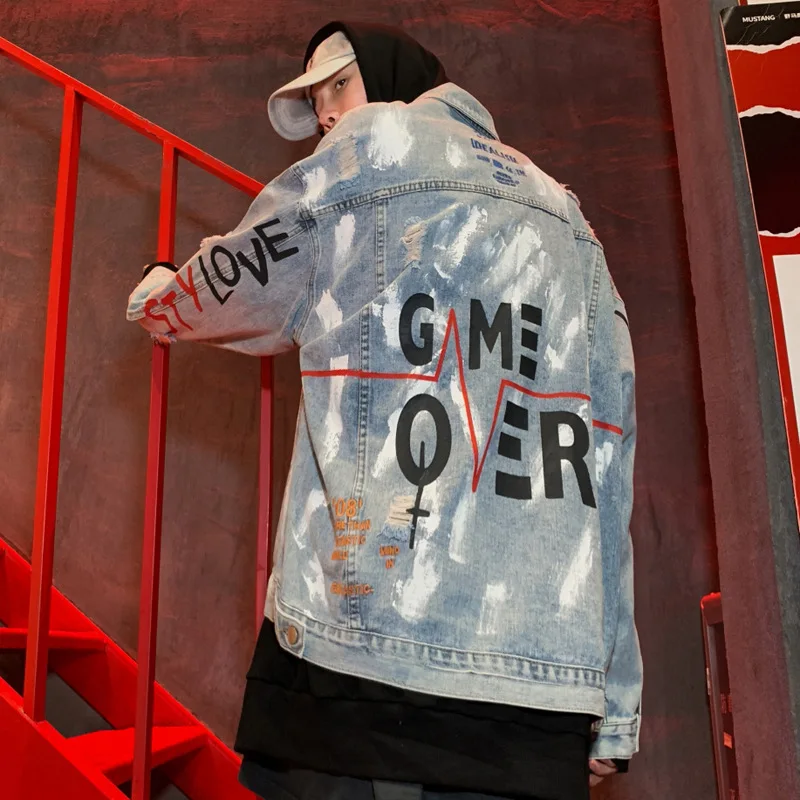 

ABOORUN 2021 Men's Hip Hop Denim Jackets Graffiti Hole Jean Jackets Streetwear Couples Loose Cotton Coat