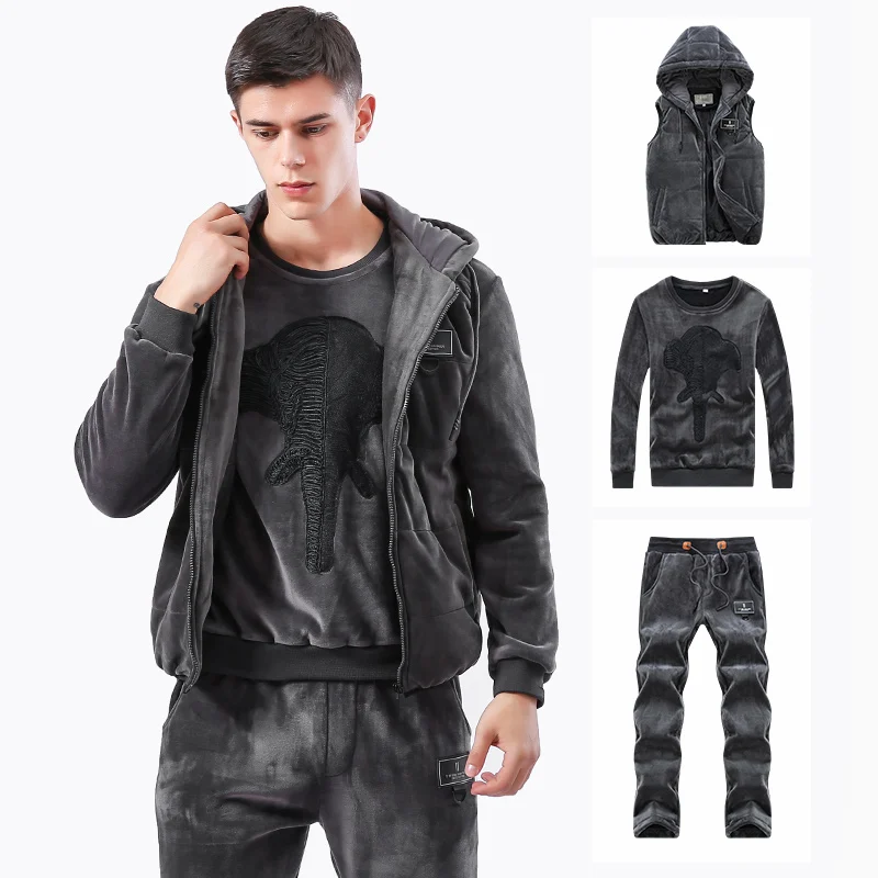 Мужской теплый спортивный костюм со слоном зимний жилет с капюшоном из 3