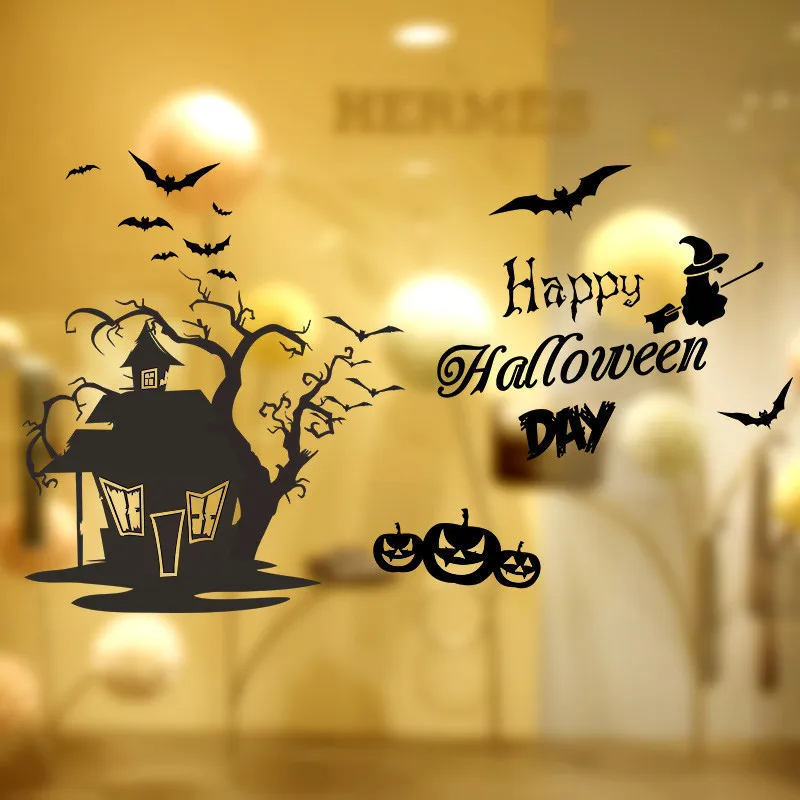 

Bat Witch House Halloween Theme Wall Stickers For Store Home Decoration Diy Window Decals Festival Wall Vinyl Mural Art