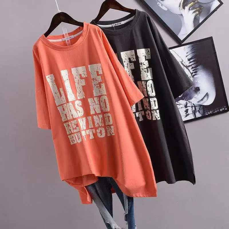 

Big New Plus Size Short New Women Summer Mid-Length Long Loose Cotton Comfort T Shirt Lady Tops 2021 With Sleeve Female Clothes