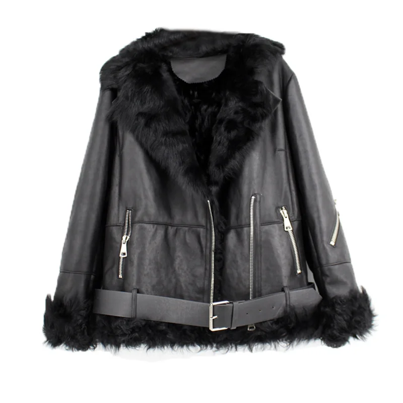 

SHZQ Leather Jacket Women Genuine Sheepskin Leather with Sheep Fur Coat Black Fashion Warm Thick Femme Outwear Russia Outwear