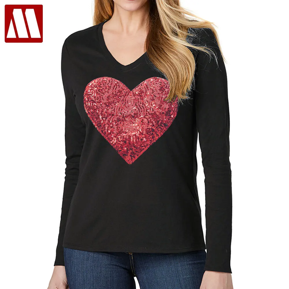 

Женская футболка в стиле Харадзюку с вышивкой в виде сердца и пайетками, Женская хлопчатобумажная рубашка с сердечками, женская одежда