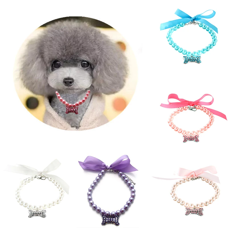 

Cute Pet Dog Pearls Necklace Collar with Bling Bone Charm Pet Puppy Wedding Jewelry Accessories for Female Dogs Cats