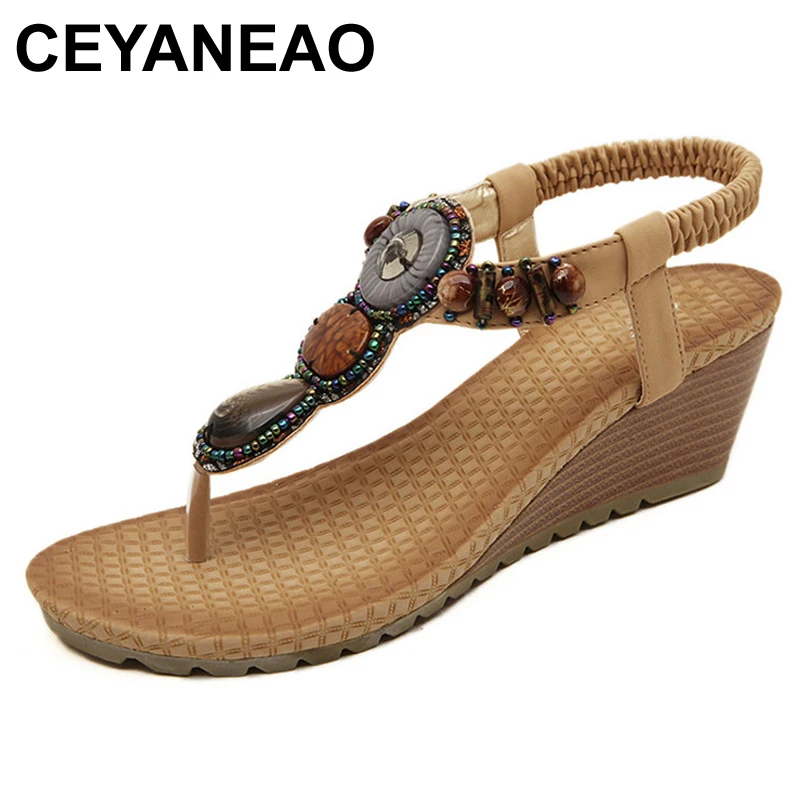 

Сандалии ceyaneaoженские на танкетке, богемные Босоножки на платформе, украшенные бисером, на высоком каблуке, летняя обувь