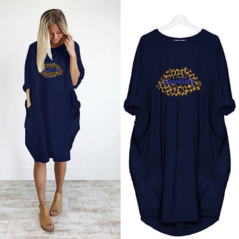 Женское леопардовое платье с длинным рукавом и карманами | Женская одежда