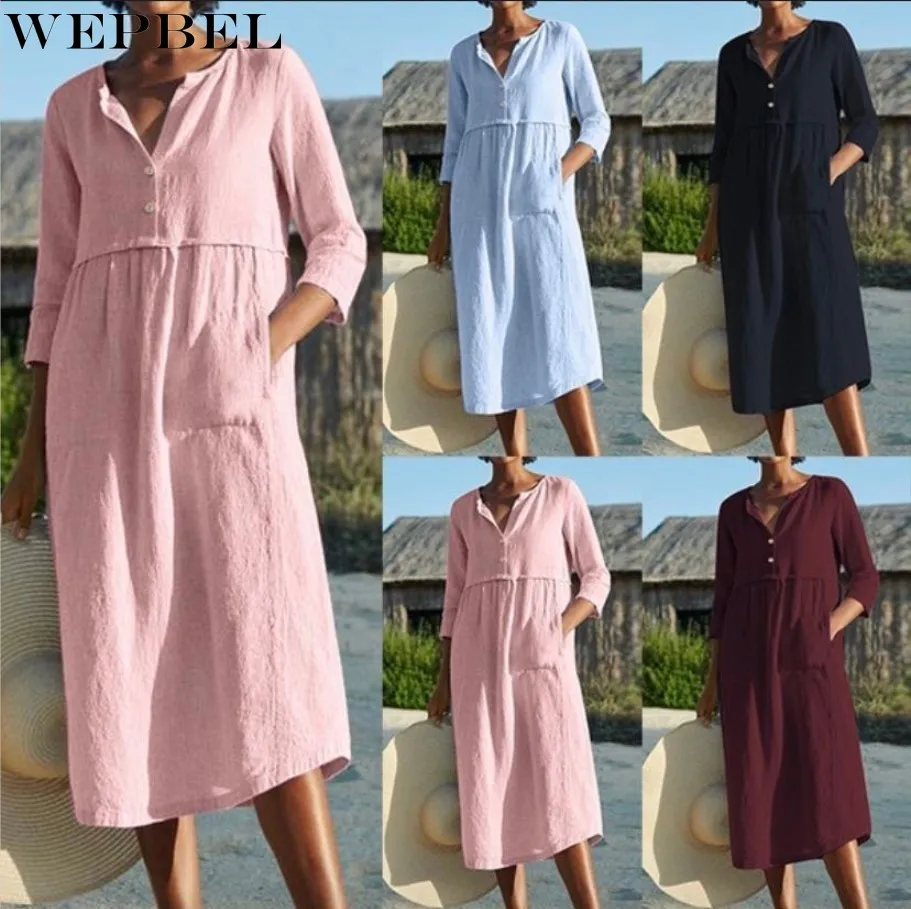 

WEPBEL Dress Spring Summer Solid Color Stitching Single-Breasted Loose Dress Women's Pocket O-Neck Three Quarter Sleeve Dress