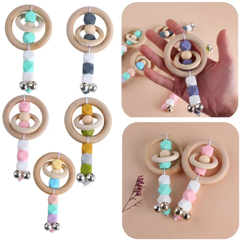 

Игрушки для новорожденных 0-12 месяцев, силиконовые бусины, погремушки, деревянные кольца, погремушки ручной работы для кроватки, развивающи...