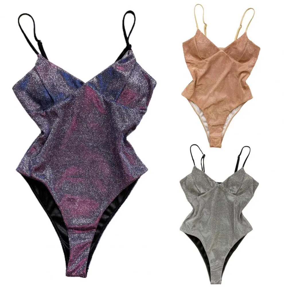 

Monokini Shiny High Cut Swimwear Women Spaghetti Straps One-Piece Swimsuit for Summer