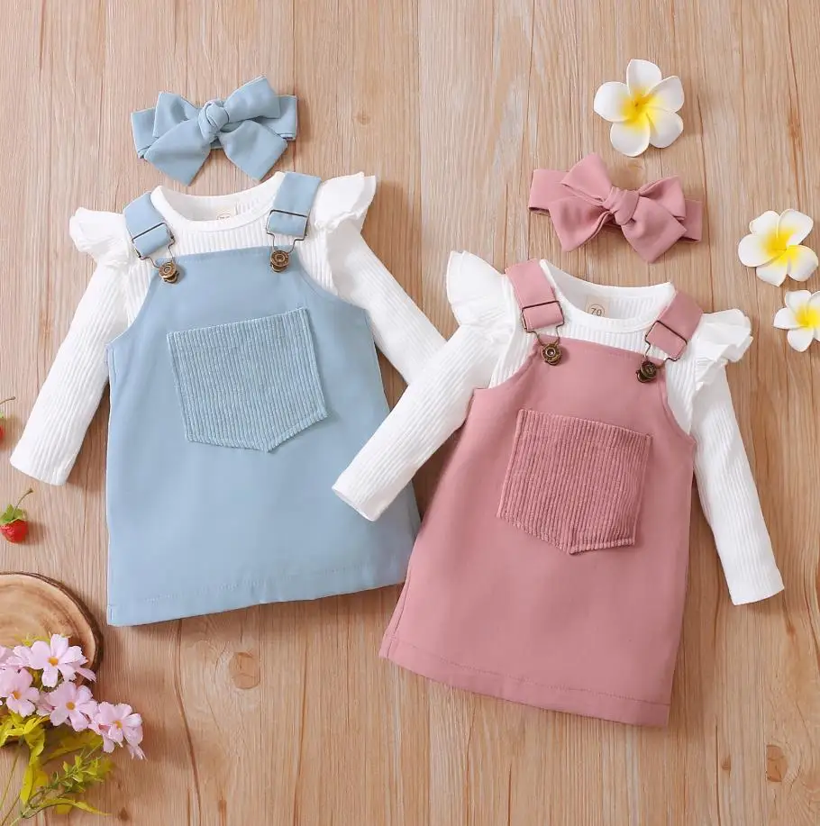 

3Pcs Baby Girls Outfit Sweet Style Solid Color Long Sleeve Round Collar Romper Front Pocket Suspender Skirt Headwear Baby's Sets