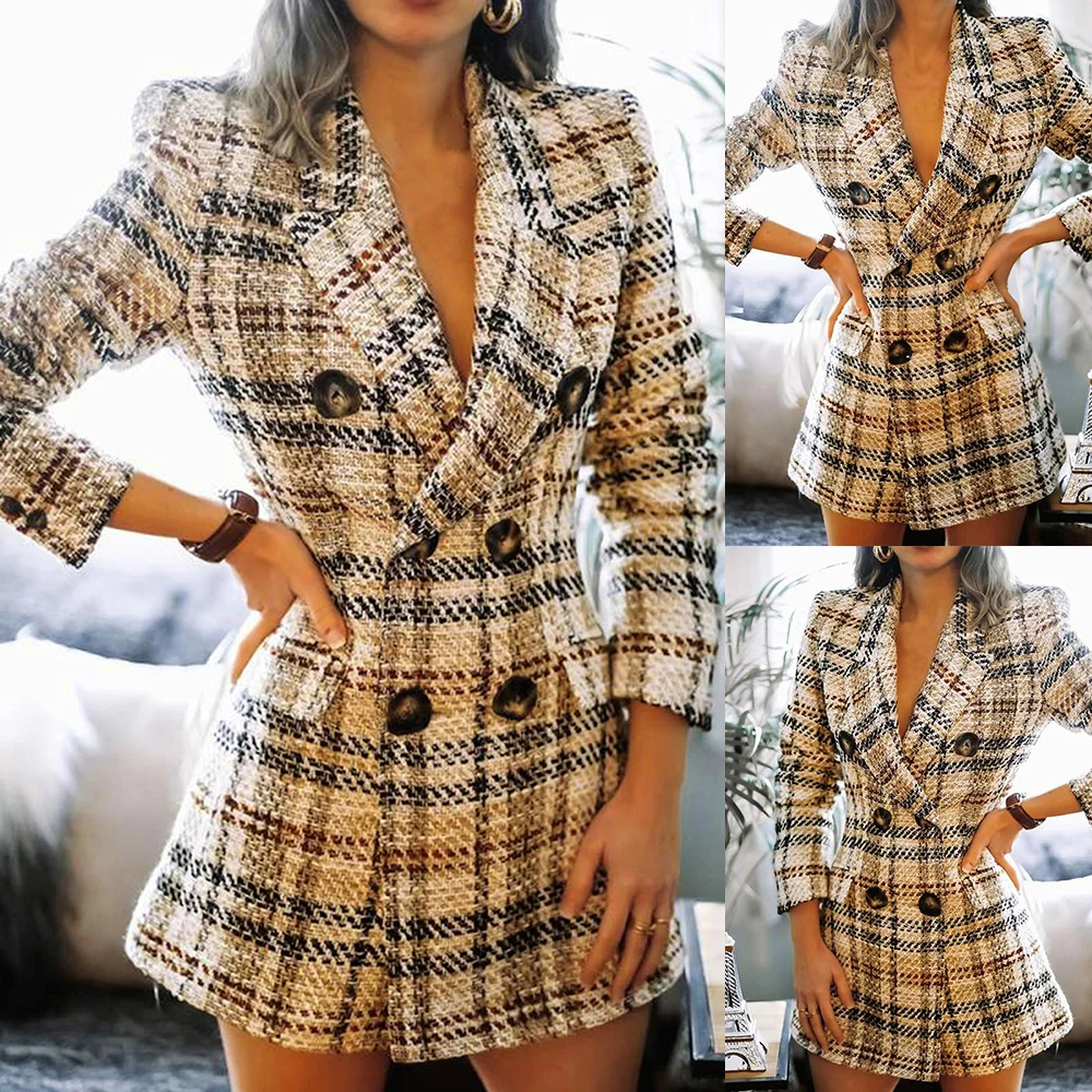 

Double Breasted Turn-Down Ladies Jacket Outwear Women Blazer Office Coat Long Sleeve Plaid Printed Pocket Mid-Length Blazer Coat