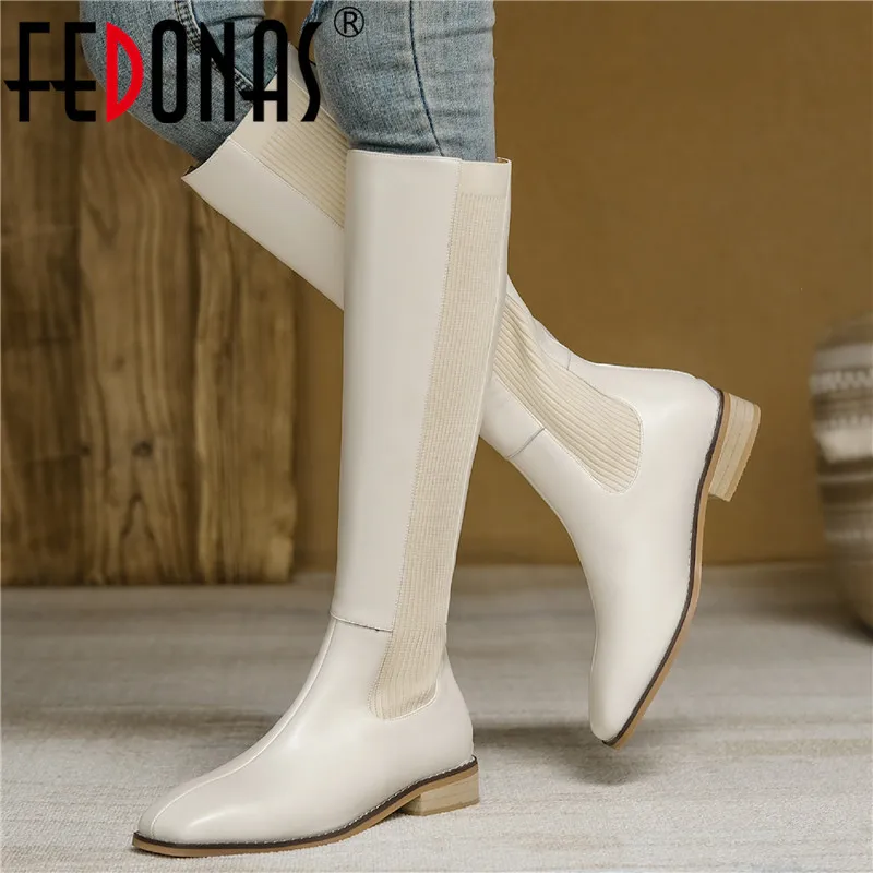 

Женские сапоги до колена на молнии сзади FEDONAS, черные теплые сапоги из натуральной кожи на толстых каблуках, Рабочая обувь на зиму 2019
