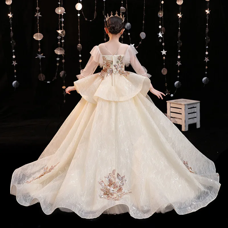 

2020High Quality Kids Girls Luxury Embroidery Florals Dress For Wedding Party Formal Ball Gown Children Elegant Piano Clothing