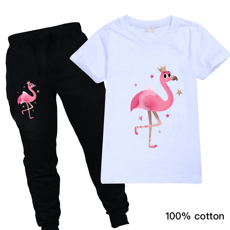 

Harajuku Kids Clothing Flamingo Print Girl T Shirt and Black Pants for Boys 3 To 14 Years Cute Casual Girls Boutique Outfits
