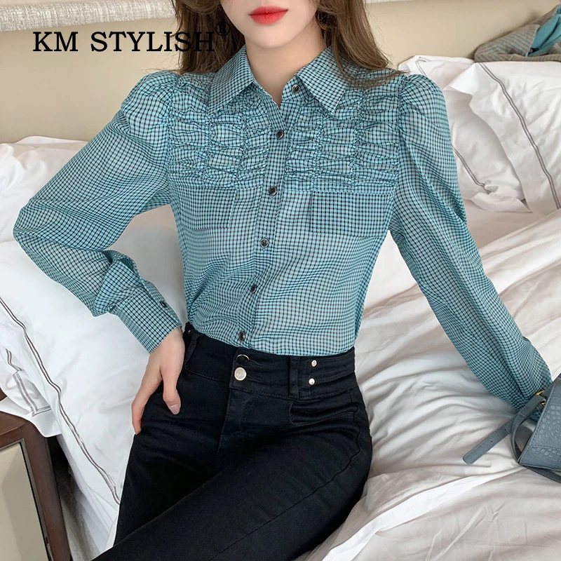 

2021 New Early Autumn Fashion Temperament Women Plaid Shirt Female Korean Design Patchwork Blouse Top Comfortable