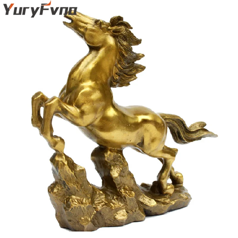 YuryFvna16.5cm(6,") высота золотой латуни бегущая Статуэтка «Лошадь» фэн шуй скульптура животных Статуэтка Miniture домашний офисный Декор