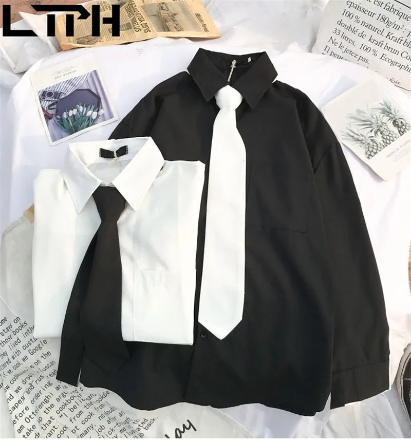 

LTPH Korean loose Plus Size Clothes shirts vintage blouses for women With tie outer wear Long Sleeve chic tops 2021 Spring new