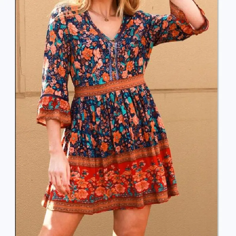 

Bohemian Vintage Women Print Mini Dress 2020 Casual V-neck Long Sleeves Slim Dress for Women