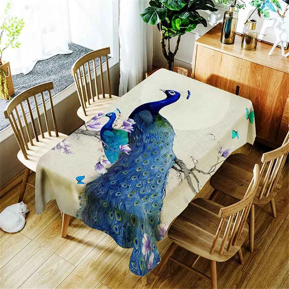 

Blue Peacock Flowers Printing Polyester Waterproof Tablecloth Home Decoration Washable Dustproof Rectangular Table Cloth