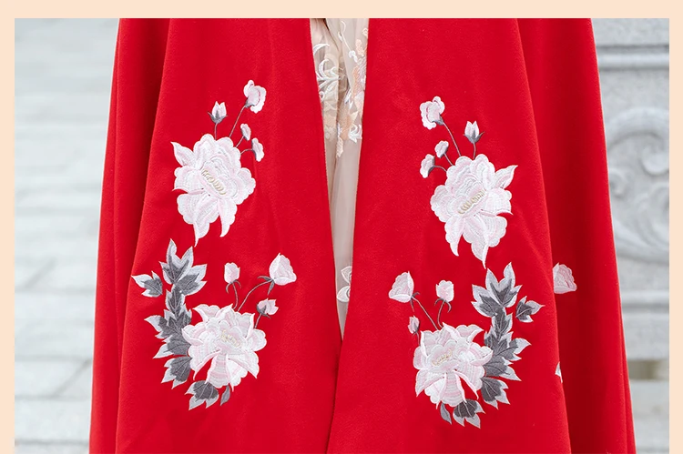 

YOSIMI Maxi Red Long Women Ponchos Coat with Hooded Fur Collar 2020 Winter Chinese Style Floral Embroidery Open Stitch Cape Coat