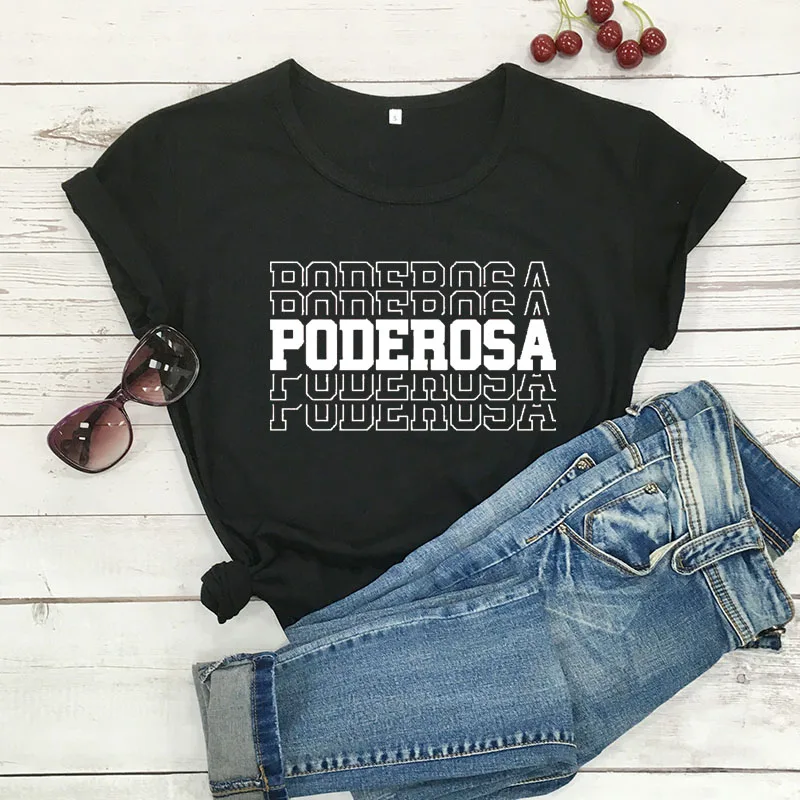 black-white text Poderosa/Новое поступление, женская летняя забавная Повседневная футболка из хлопка, испанские рубашки, милая рубашка «Латина» для женщин - Цвет: black-white text