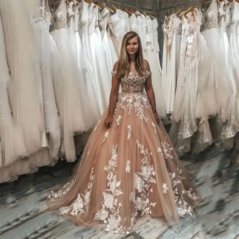 

New Lace Quinceanera Dresses Princess Ball Gown Wedding Dresses Champagne inside Off The Shoulder Unique Long Bridal Gowns
