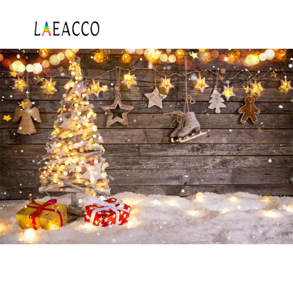 Laeacco Рождественские фоны деревянная доска светильник звезда сосна горошек вечерние Детские Портретные Фото фоны фотосессия Фотостудия