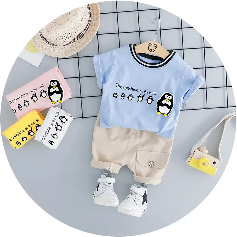 Летняя одежда для маленьких мальчиков и девочек Футболка с пингвином активного