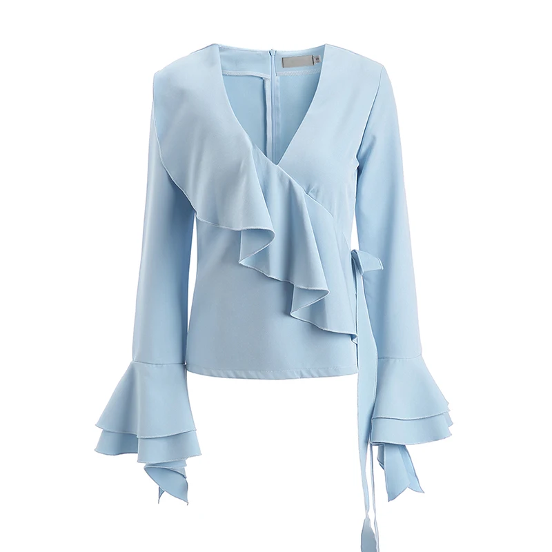 

HStar 2020 spring women long butterfly sleeve shirt ruffles ladies fashion slim blouse V Neck female patchwork shirt