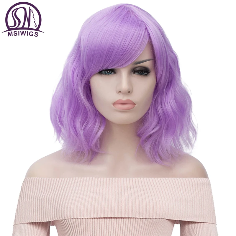 MSI Wigs, Короткие парики для косплея, фиолетовый, для женщин, кудрявый, красный, синий, парик с боковой челкой, зеленый, розовый, синтетический парик, жаростойкий