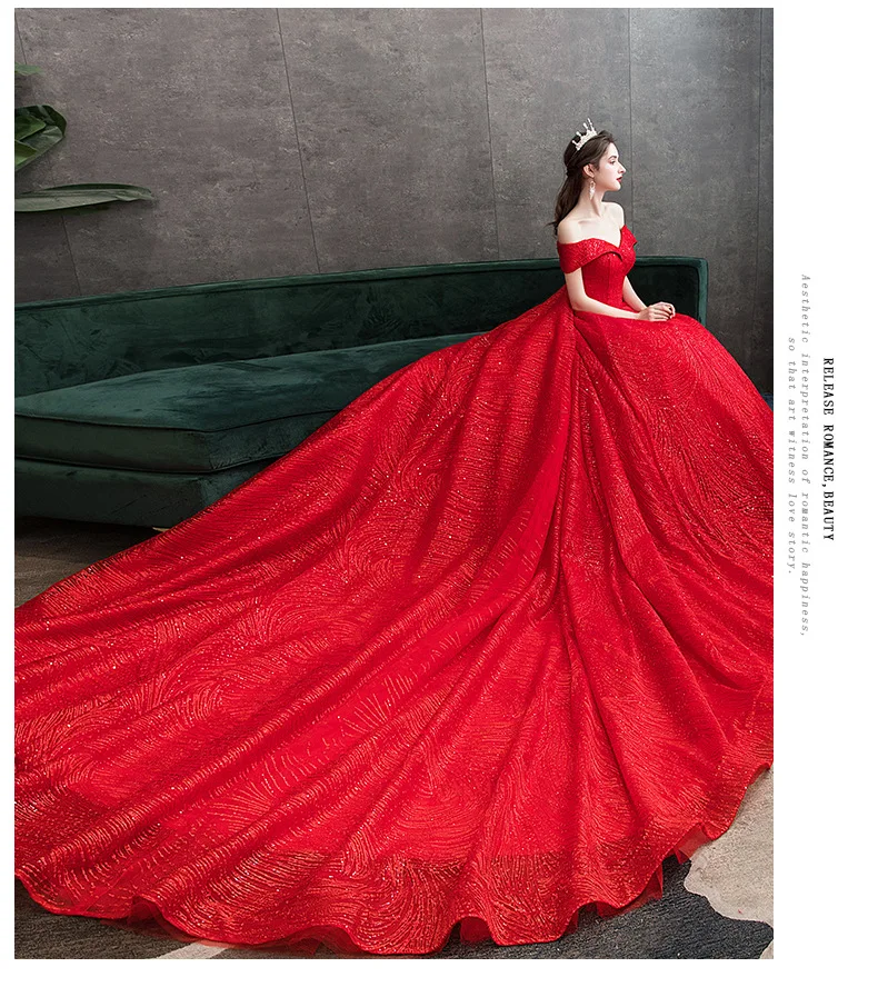 Платье Свадебное красное тонкое со звёздным небом длина плеч шлейфом для