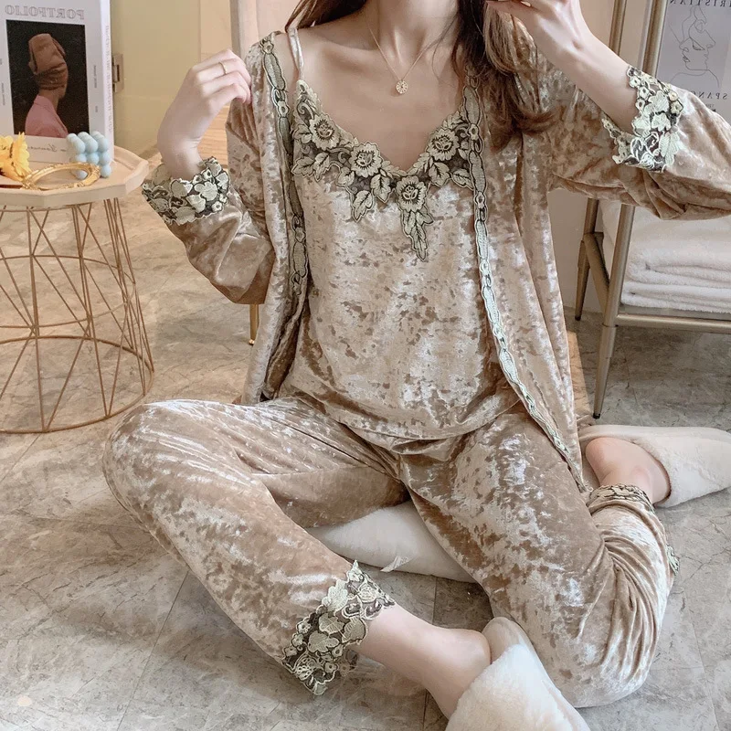 

2020 Spring Autumn Women Pajamas V Neck Fashion Velvet Patchwork Long Sleeve Three-piece Suits Sleepwear Casual Female