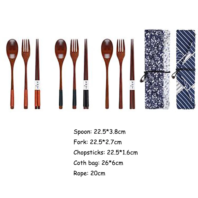

Visual Touch Portable Tableware Wooden Cutlery Sets With Useful Spoon Fork Chopsticks Travel Gift Dinnerware Suit With Cloth Bag